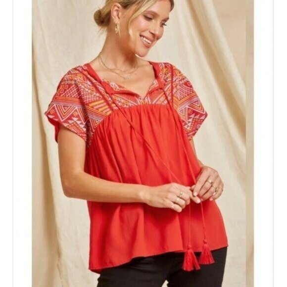 Savanna Jane Embroidered Red Short Sleeve Blouse with Tassel Ties - Picture 4 of 7